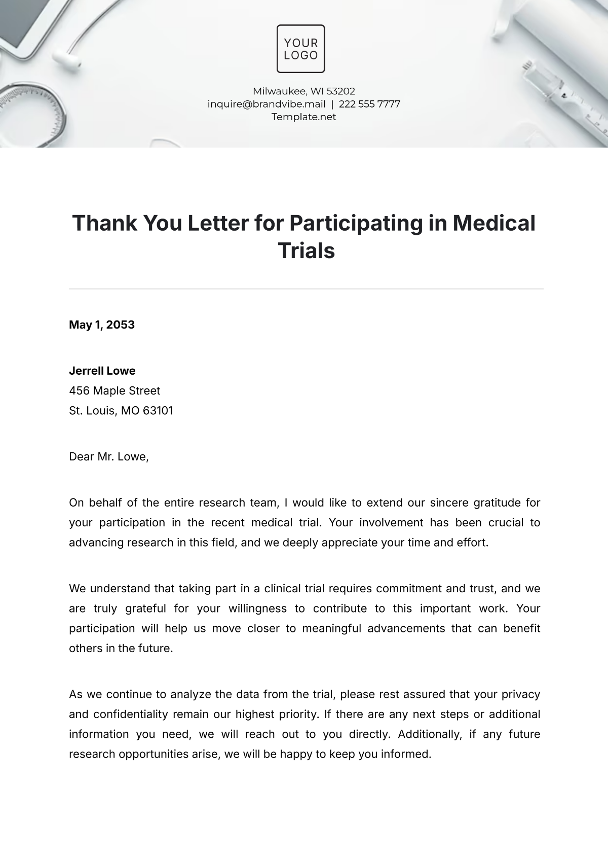 Free Thank You Letter for Participating in Medical Trials Template to Edit Online