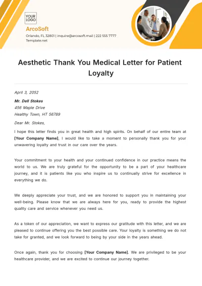 Free Aesthetic Thank You Medical Letter for Patient Loyalty Template to Edit Online