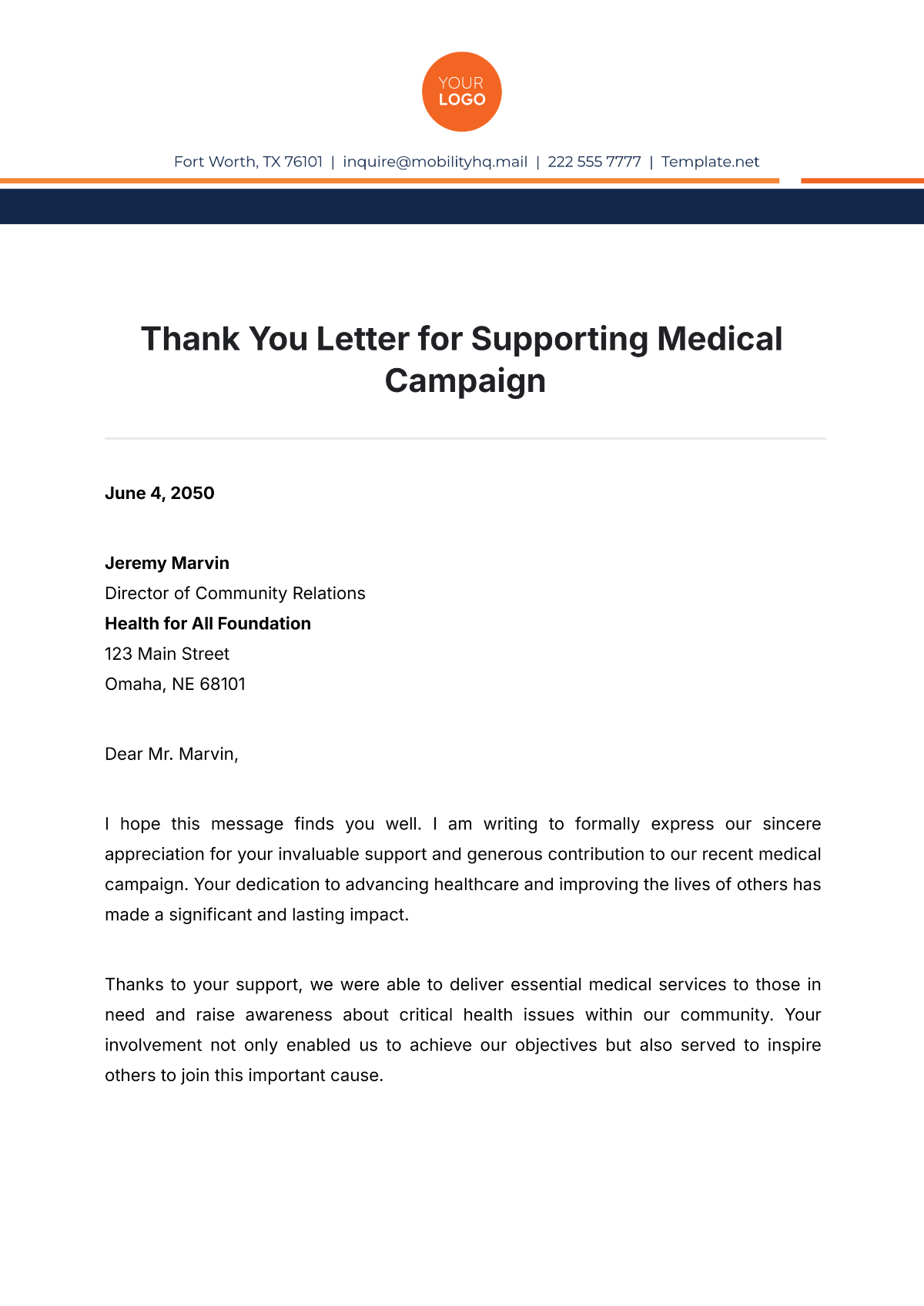 Free Thank You Letter for Supporting Medical Campaign Template to Edit Online