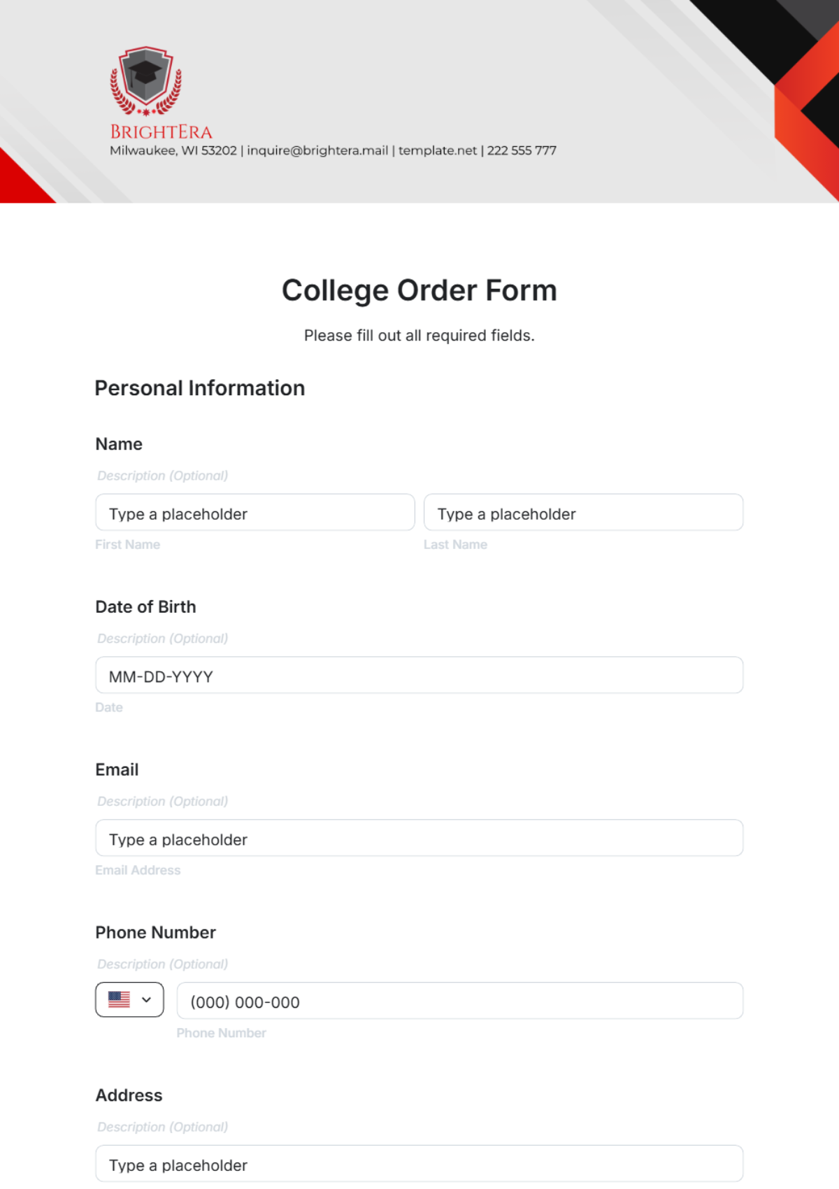 Free College Order Form Template