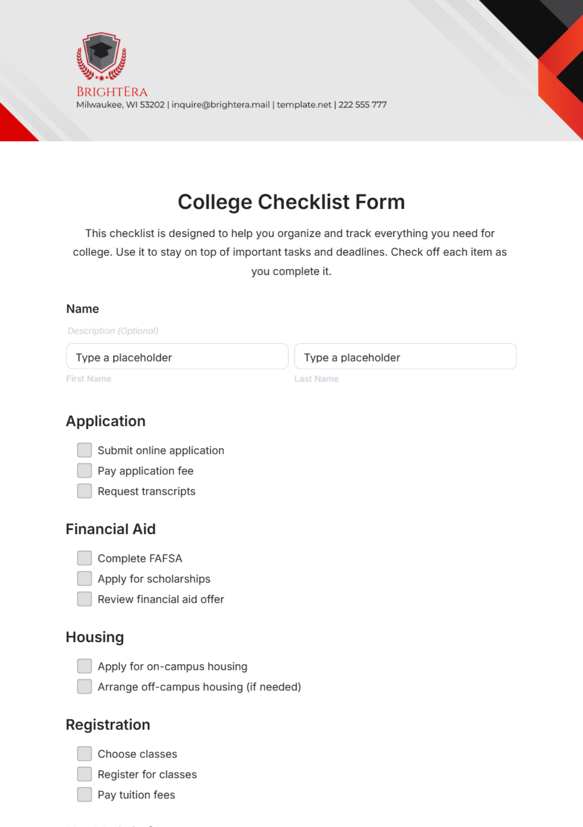 Free College Checklist Form Template