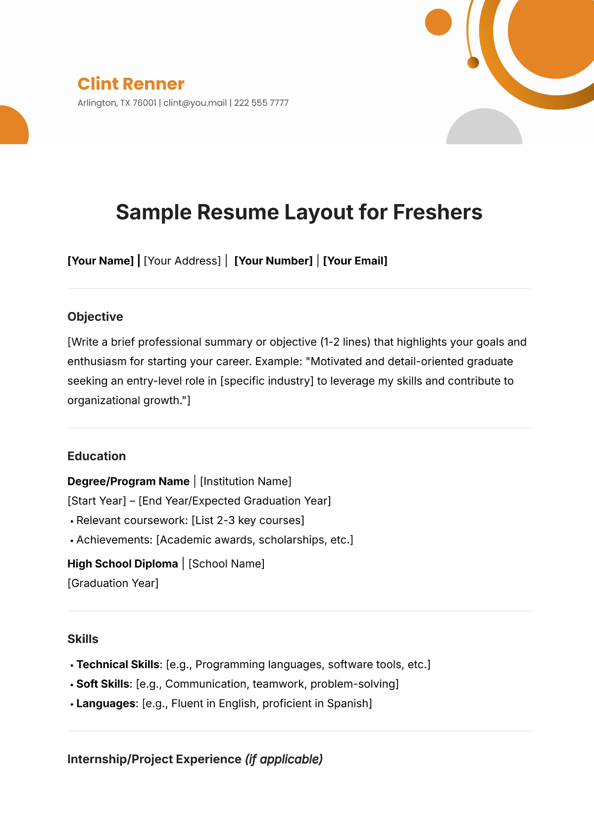 Free Sample Resume Layout Template for Freshers