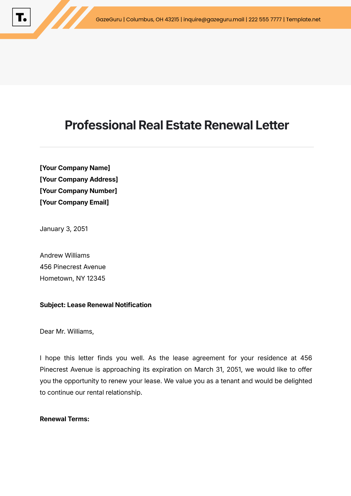 Free Professional Real Estate Renewal Letter Template