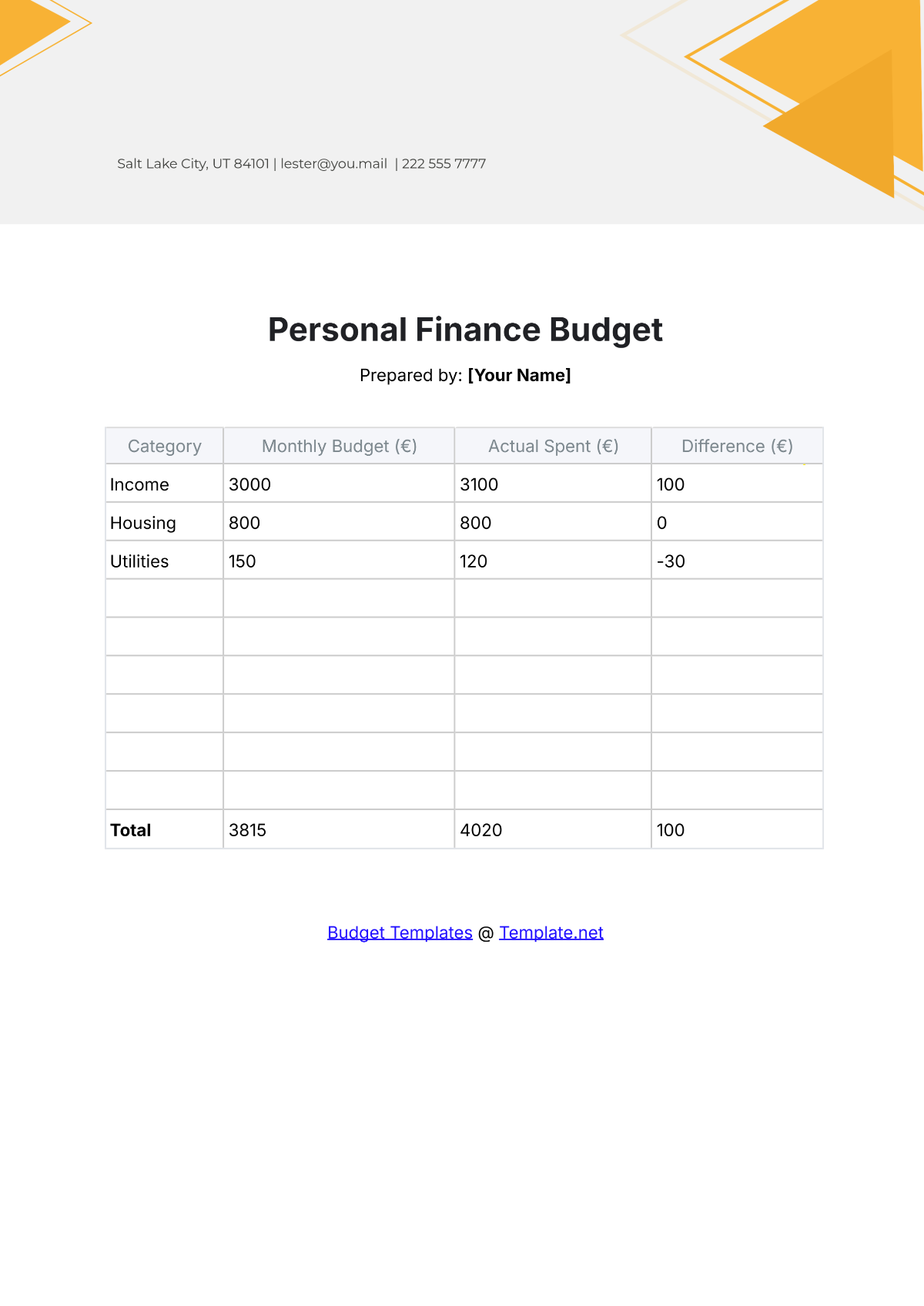 Free Personal Finance Budget Template