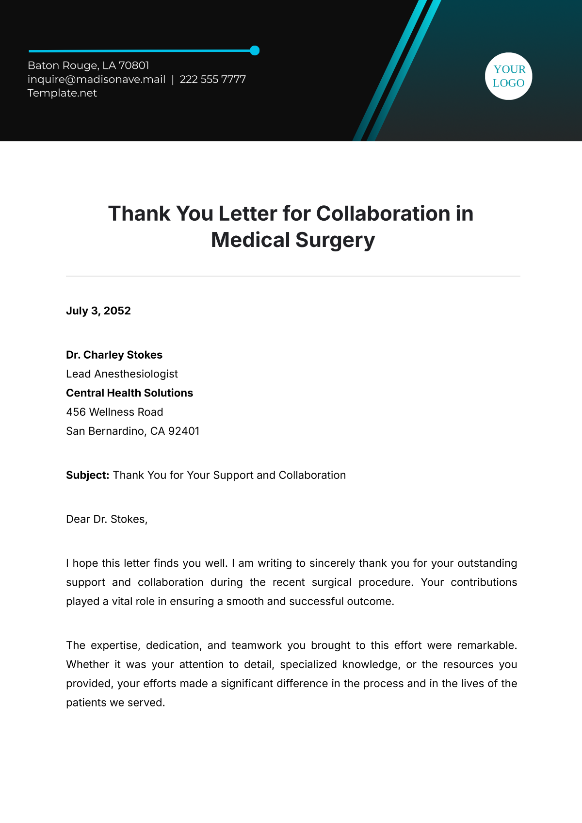 Free Thank You Letter for Collaboration in Medical Surgery Template to Edit Online