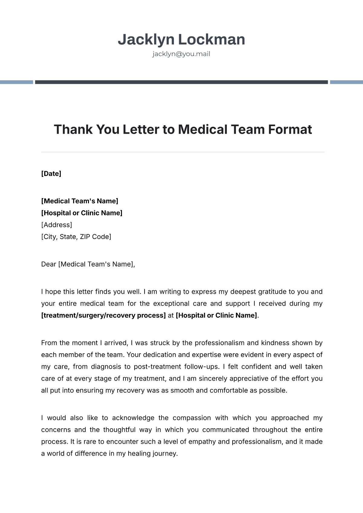 Thank You Letter to Medical Team Format Template