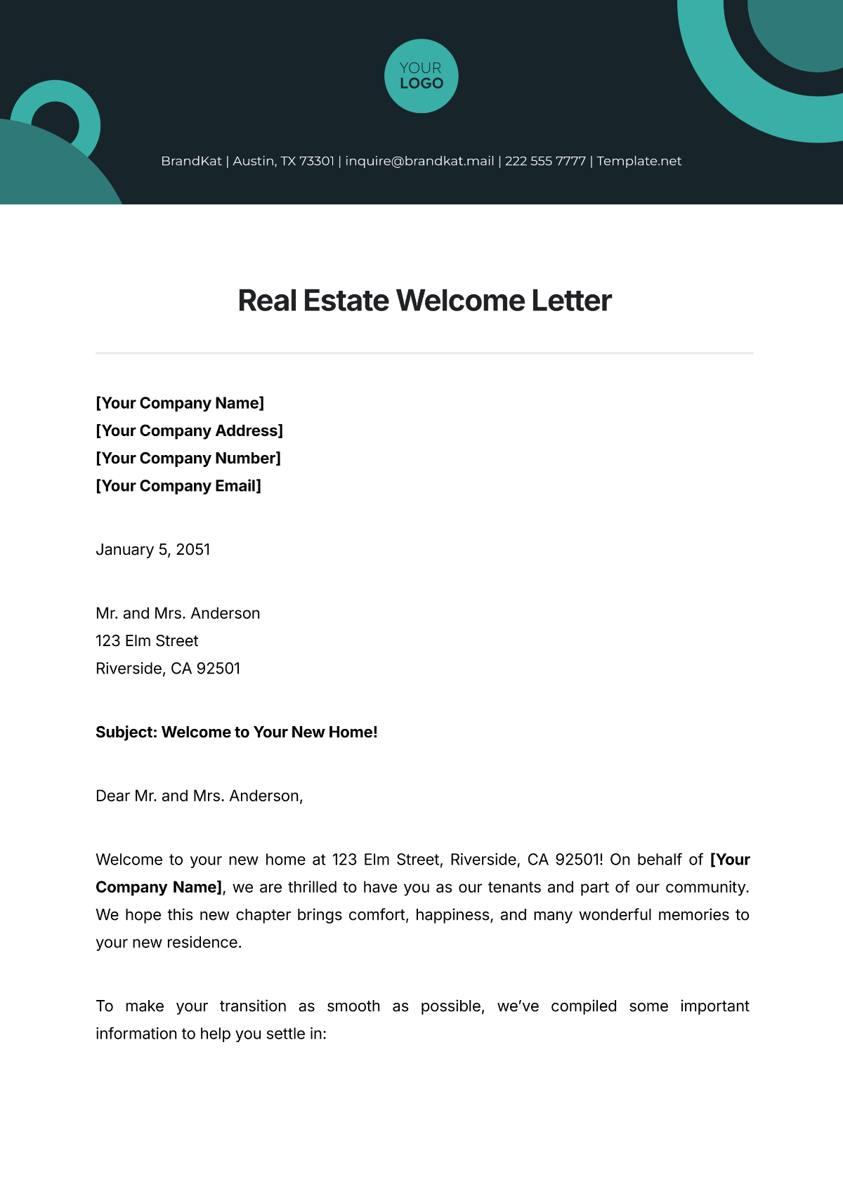 Real Estate Welcome Letter Template