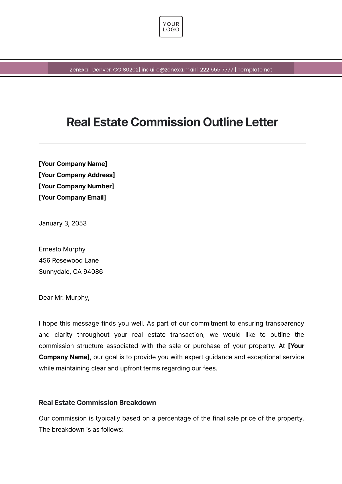 Free Real Estate Commission Outline Letter Template to Edit Online