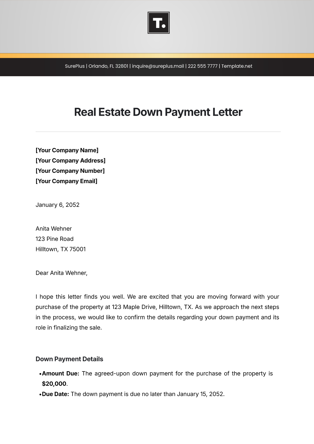 Free Real Estate Down Payment Letter Template to Edit Online