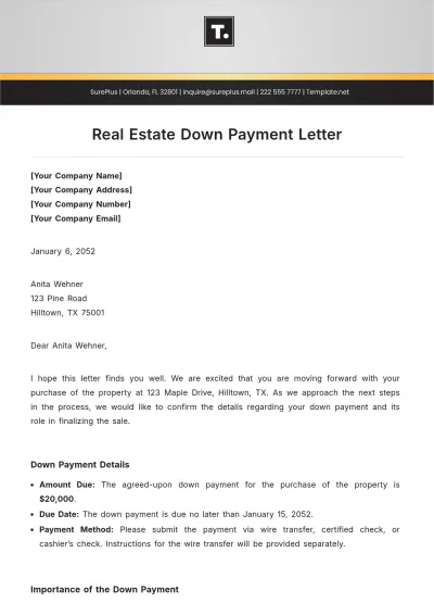 Free Real Estate Down Payment Letter Template to Edit Online