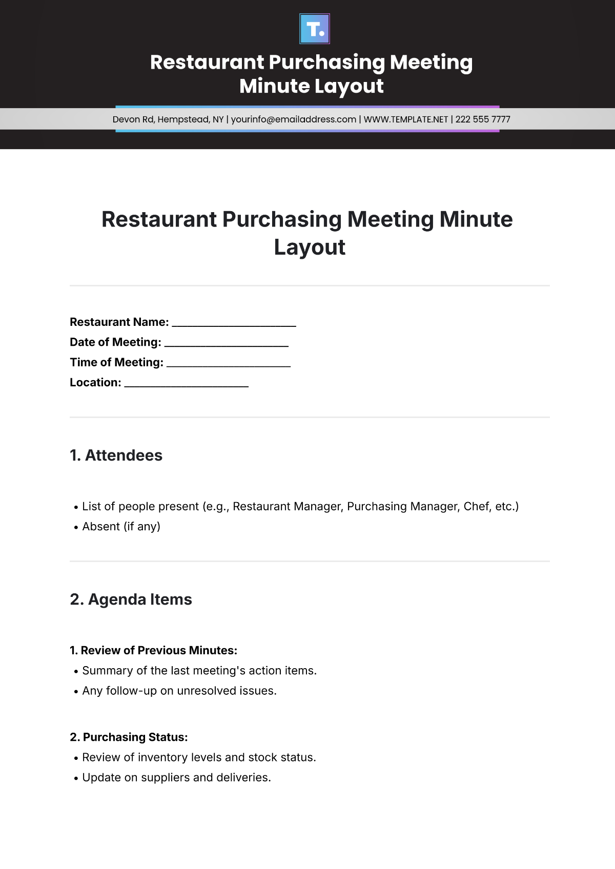 Free Restaurant Purchasing Meeting Minute Layout Template