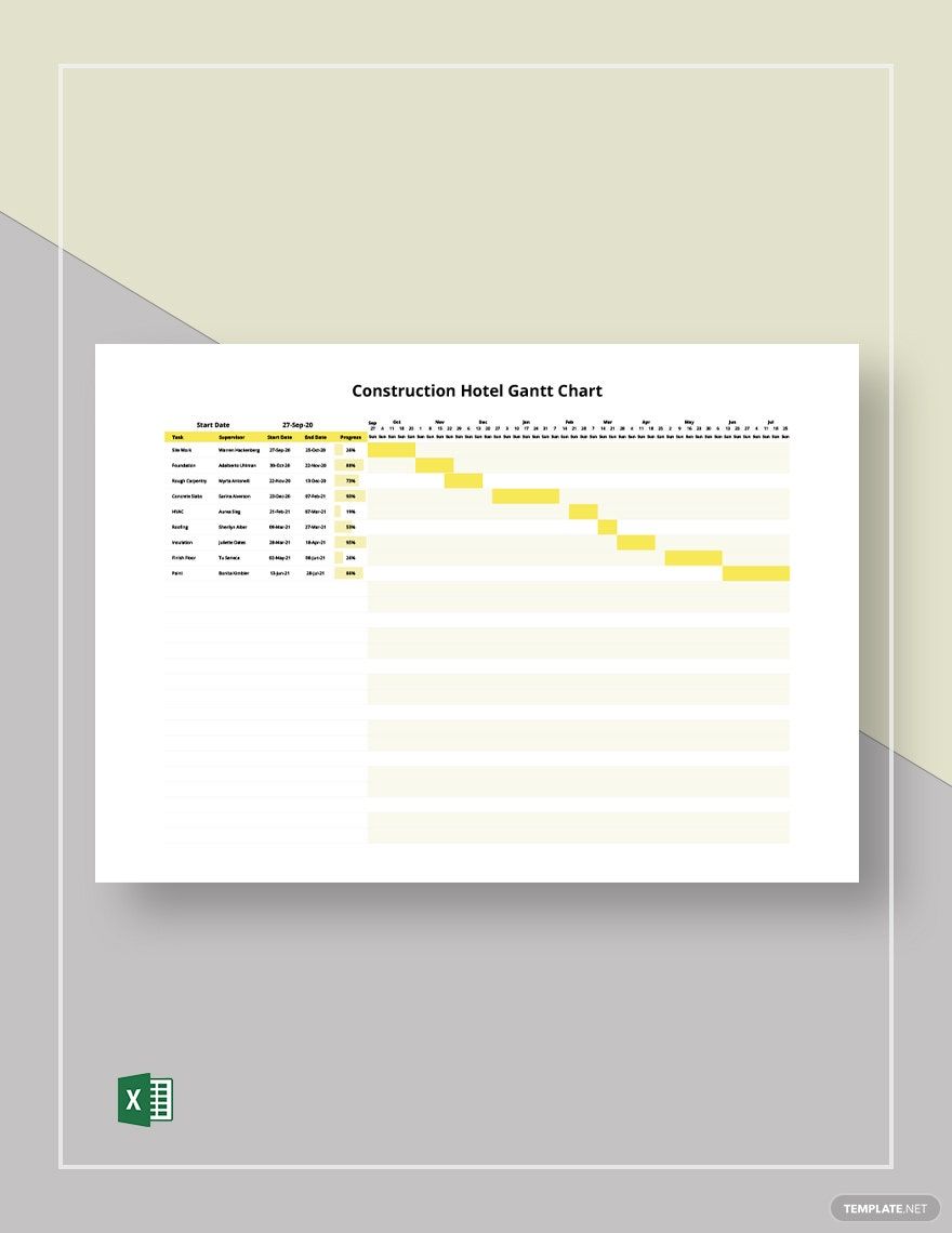 Construction Hotel Gantt Chart Template in Excel