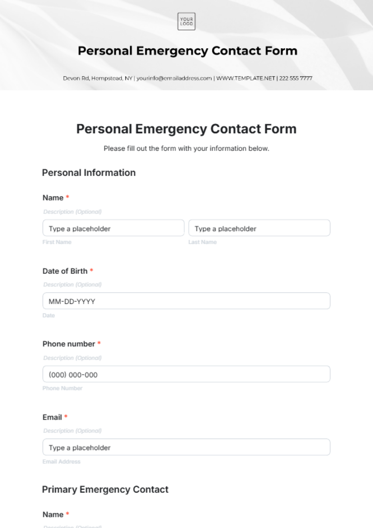 Free Personal Emergency Contact Form Template