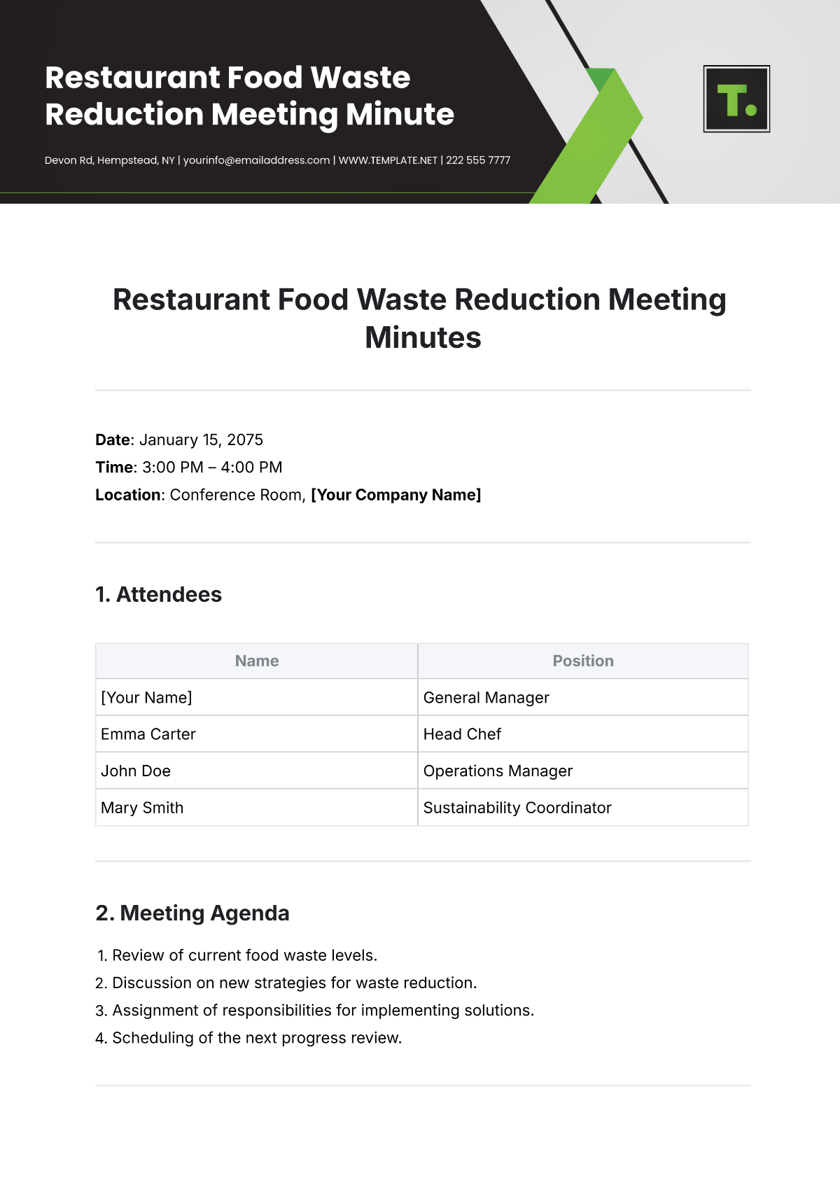 Free Restaurant Food Waste Reduction Meeting Minute Template