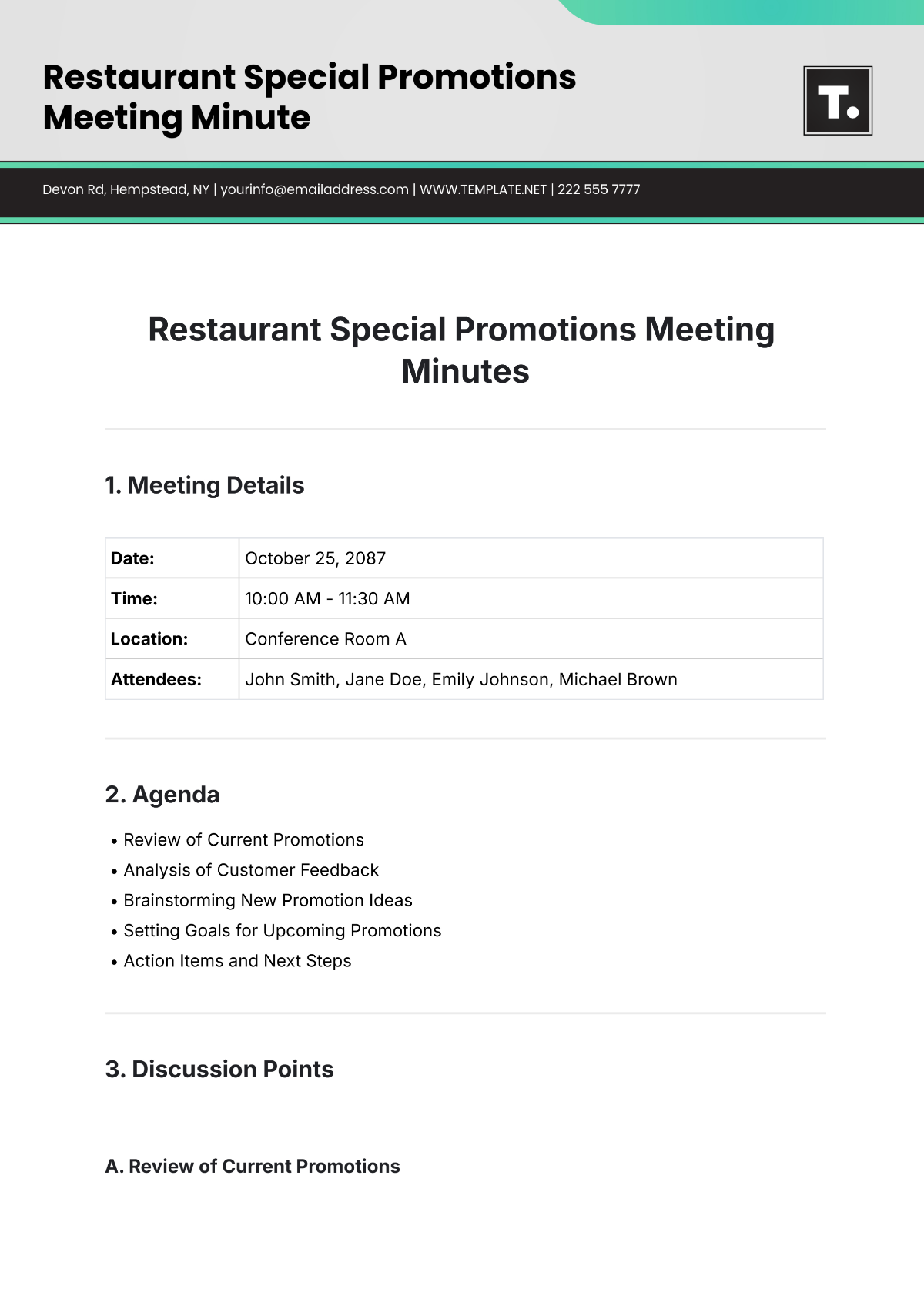 Free Restaurant Special Promotions  Meeting Minute Template