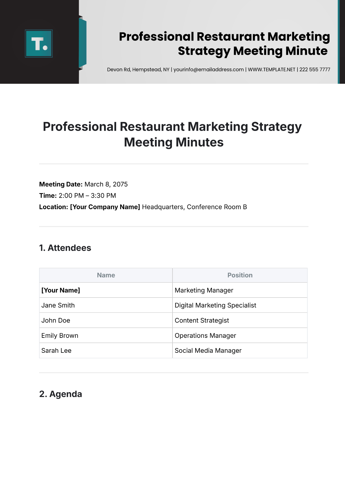 Free Professional Restaurant Marketing Strategy Meeting Minute Template