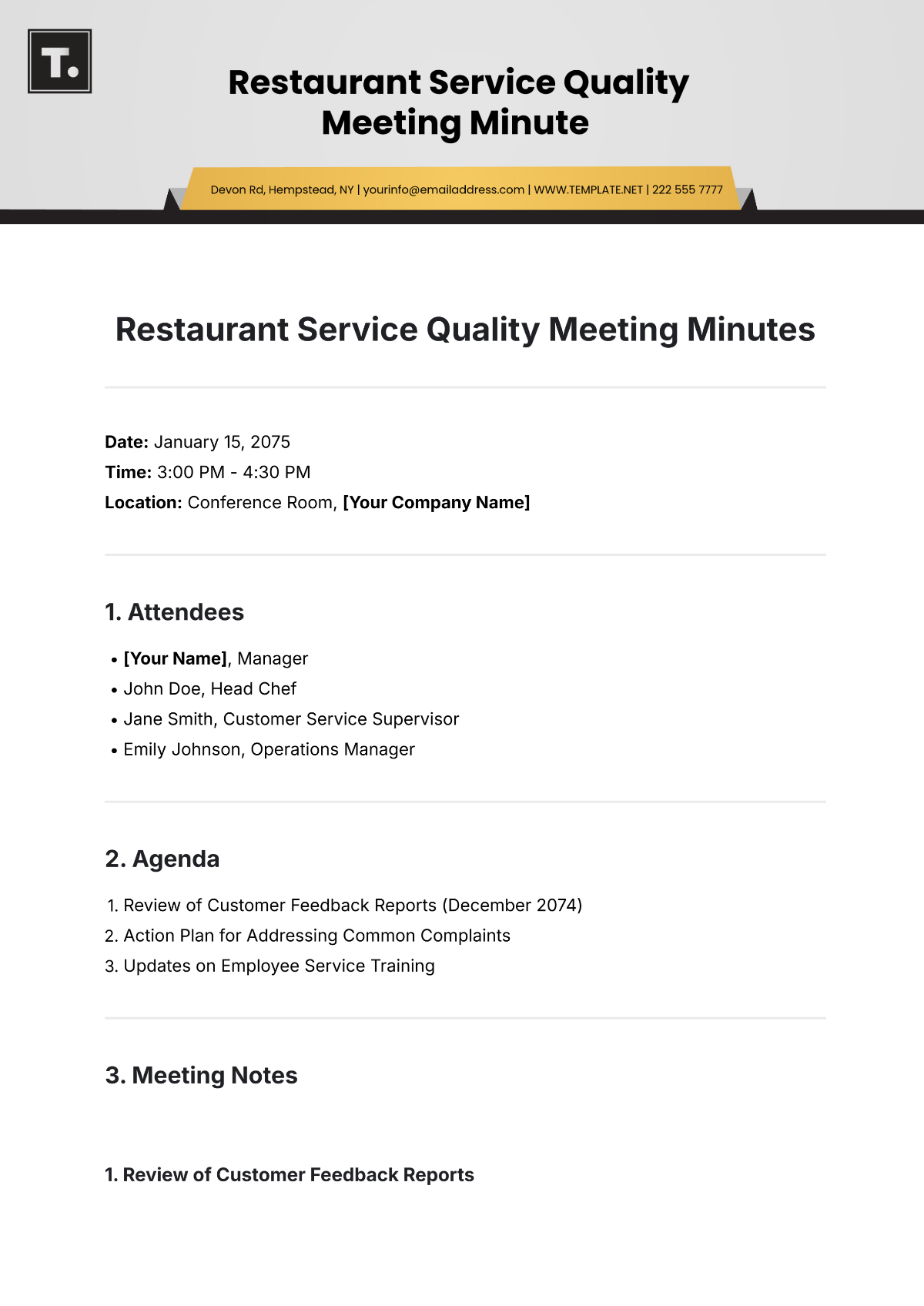 Free Restaurant Service Quality  Meeting Minute Template