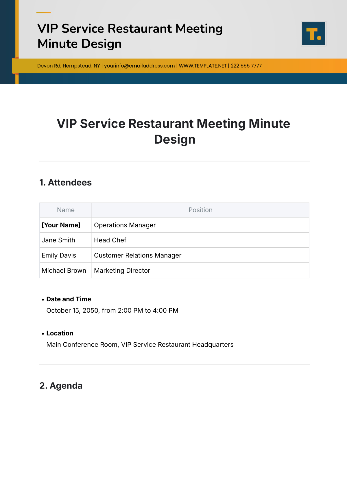 Free VIP Service Restaurant Meeting Minute Design Template