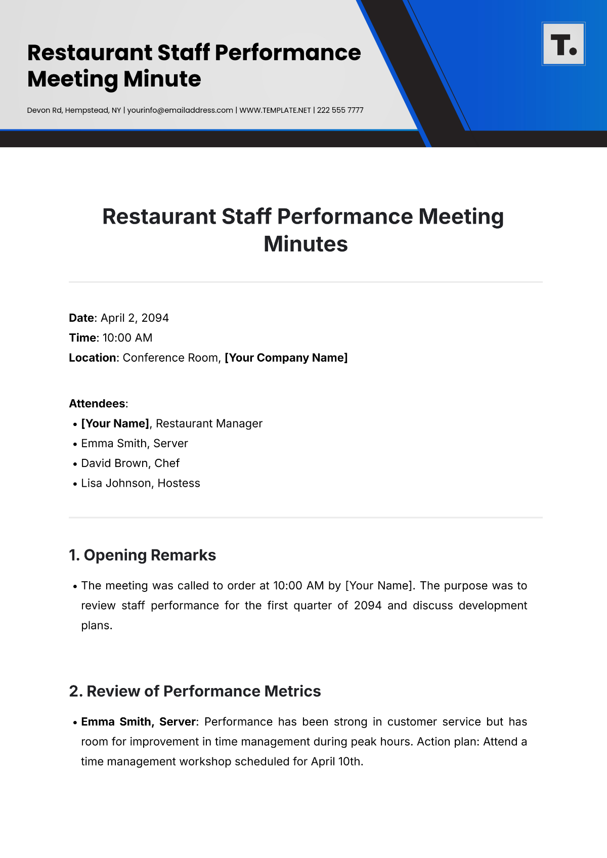 Free Restaurant  Staff Performance Meeting Minute Template