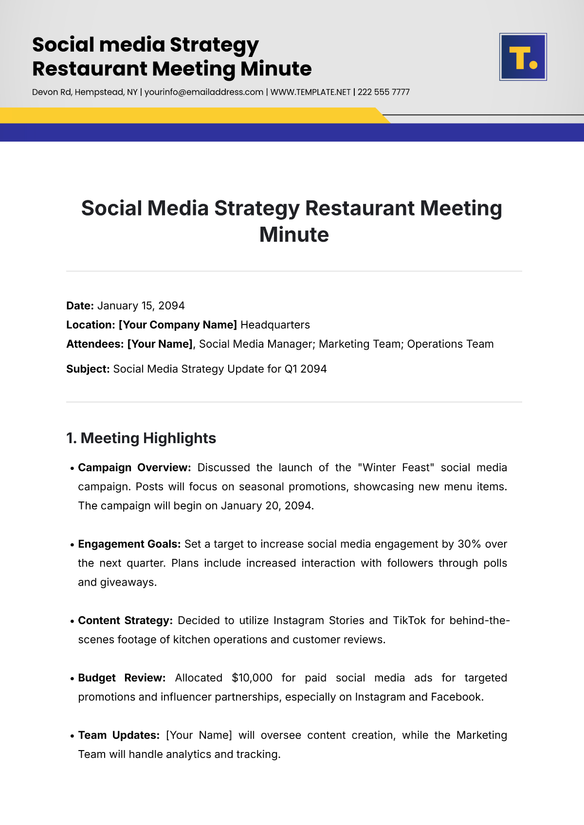 Free Social Media Strategy Restaurant Meeting Minute Template