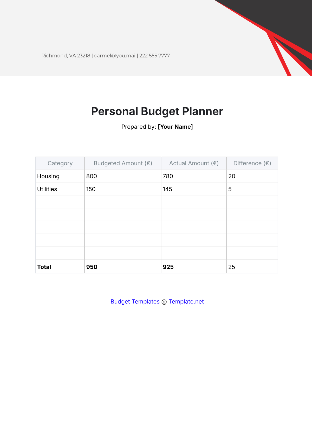 Free Personal Budget Planner Template