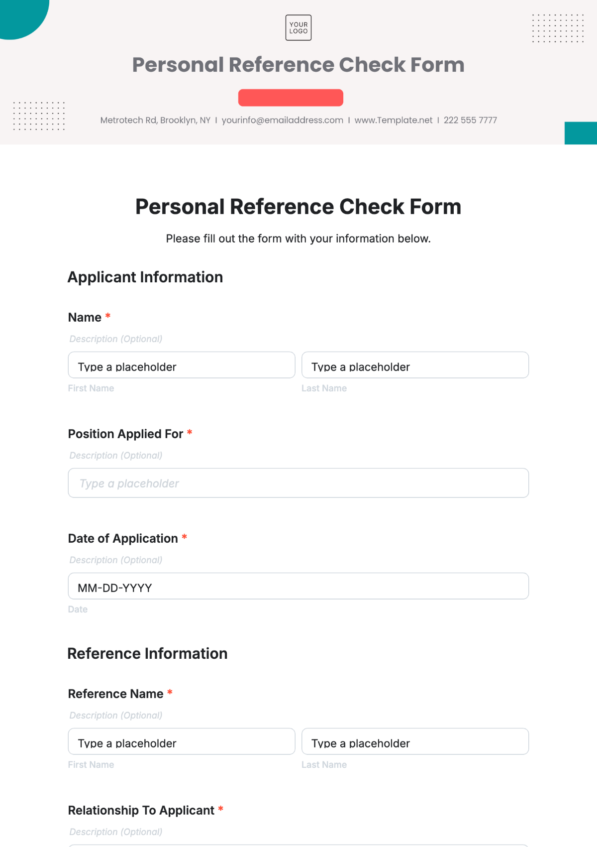 Free Personal Reference Check Form Template