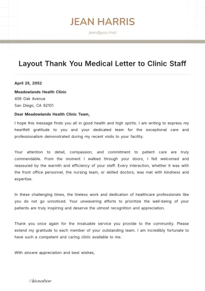 Free Layout Thank You Medical Letter to Clinic Staff Template to Edit Online