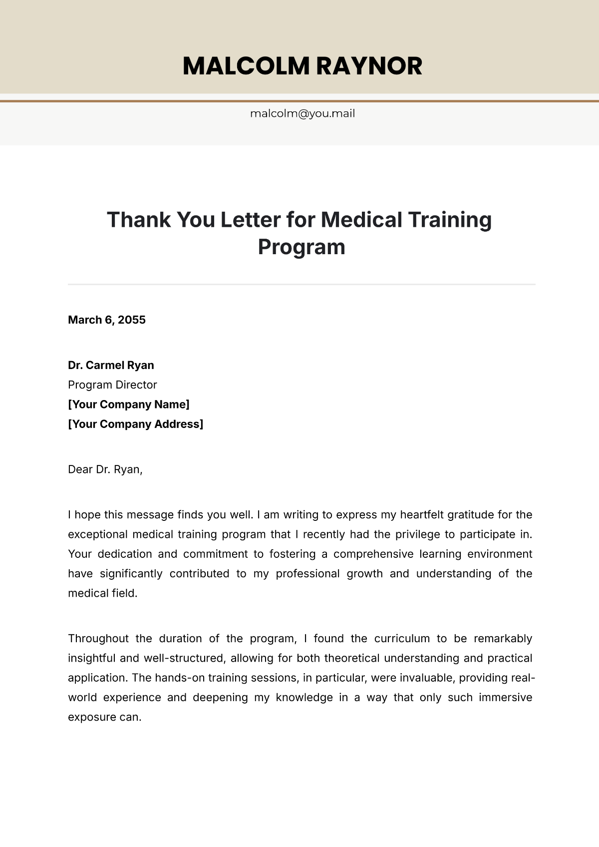 Free Thank You Letter for Medical Training Program Template