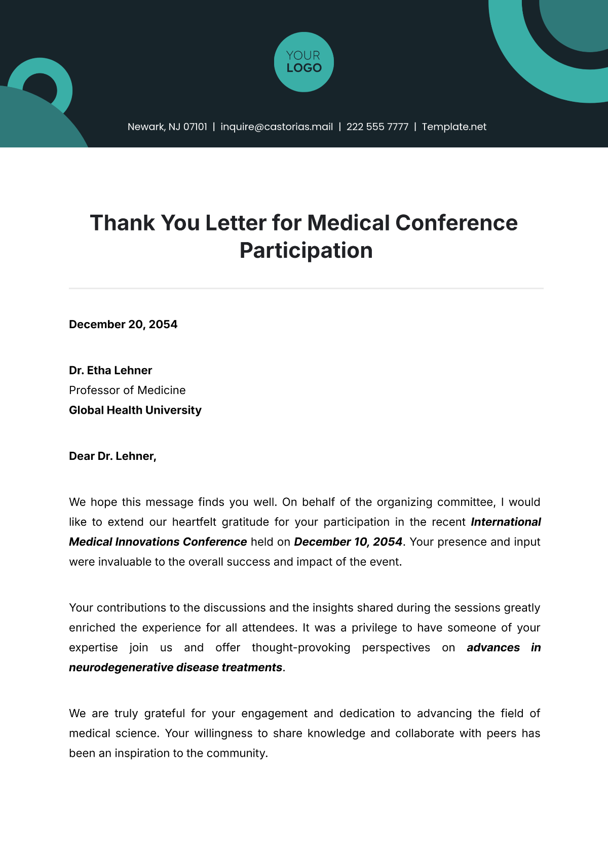 Free Thank You Letter for Medical Conference Participation Template to Edit Online