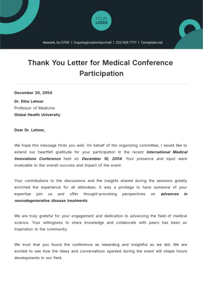 Free Thank You Letter for Medical Conference Participation Template to Edit Online