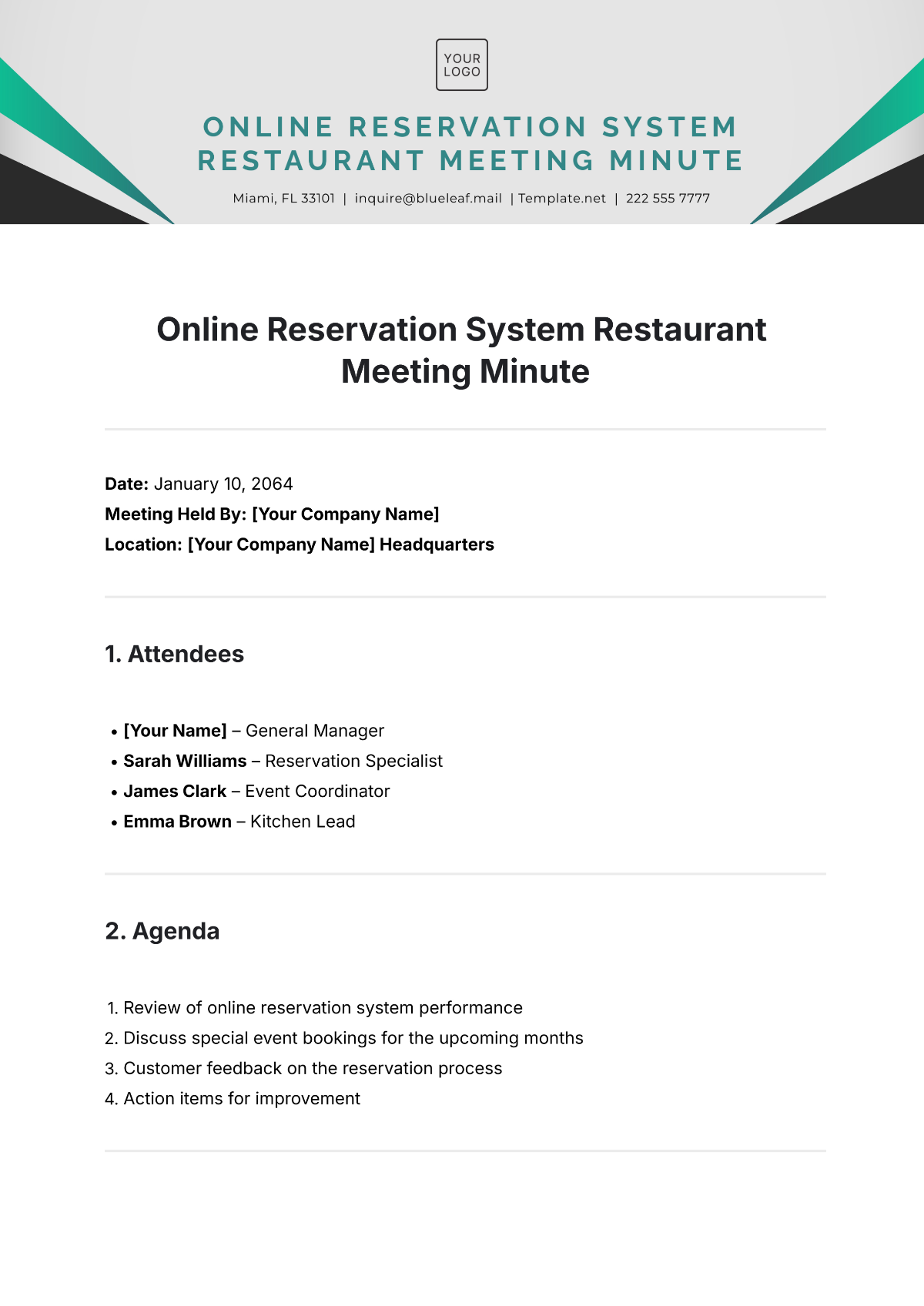 Free Online Reservation System Restaurant Meeting Minute Template