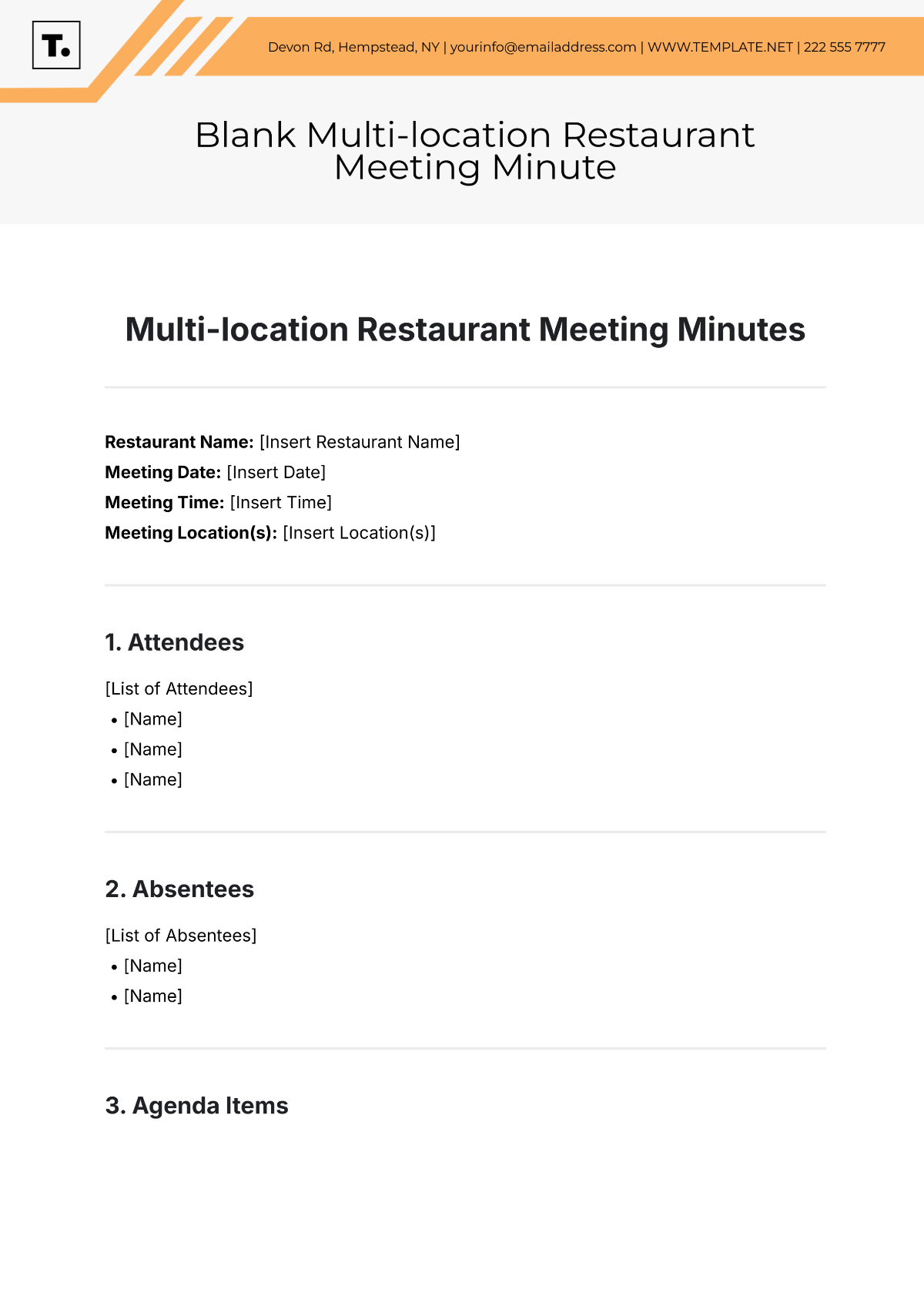 Free Blank Multi-location Restaurant Meeting Minute Template