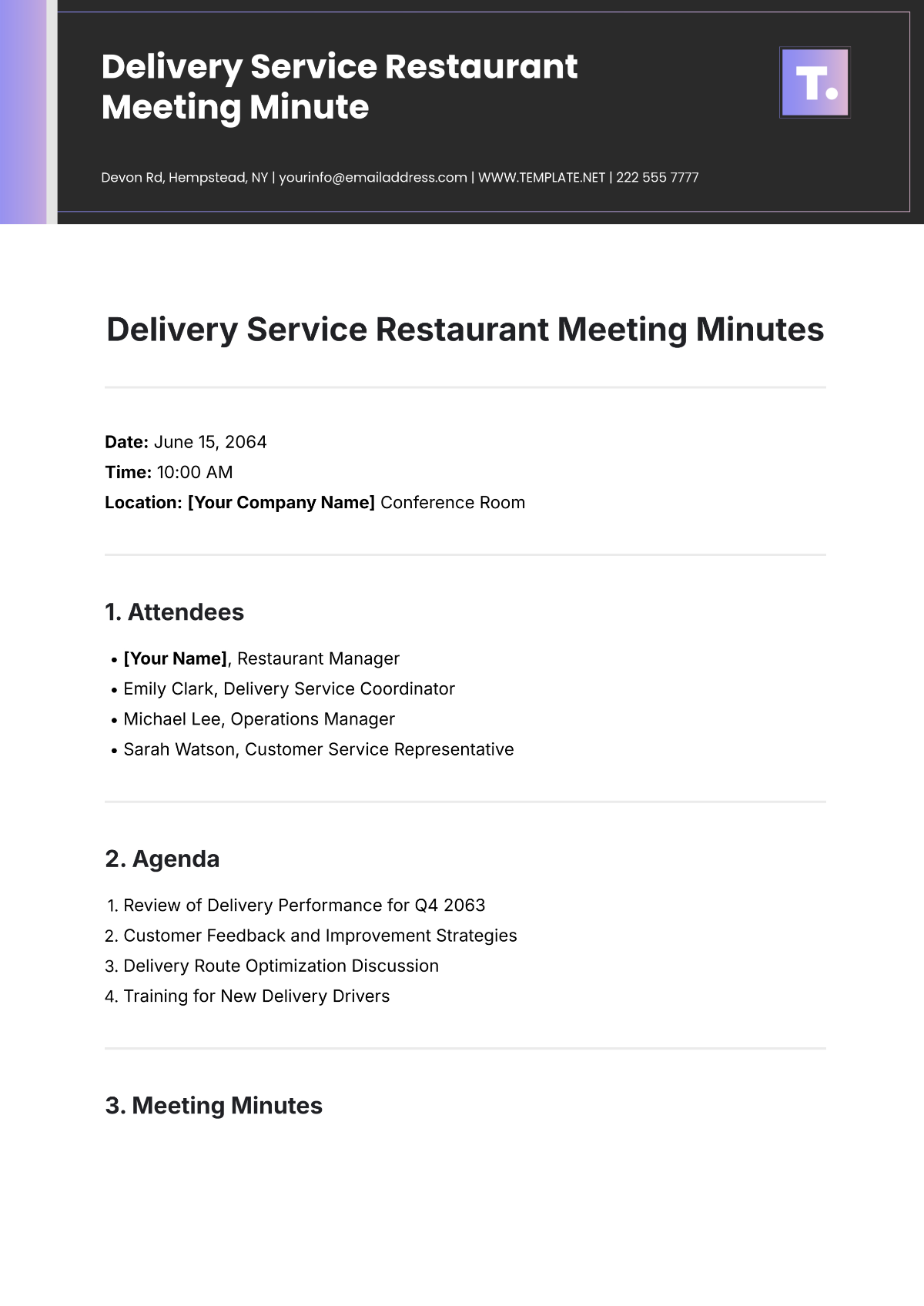 Free Delivery Service Restaurant Meeting Minute Template