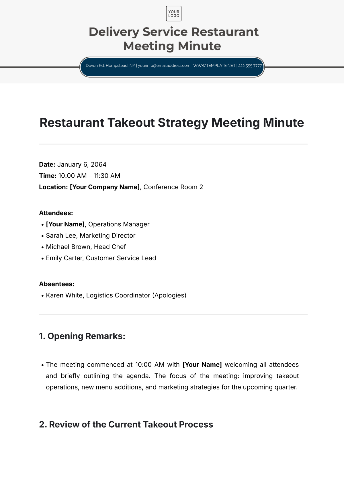 Free Restaurant Takeout Strategy Meeting Minute Template