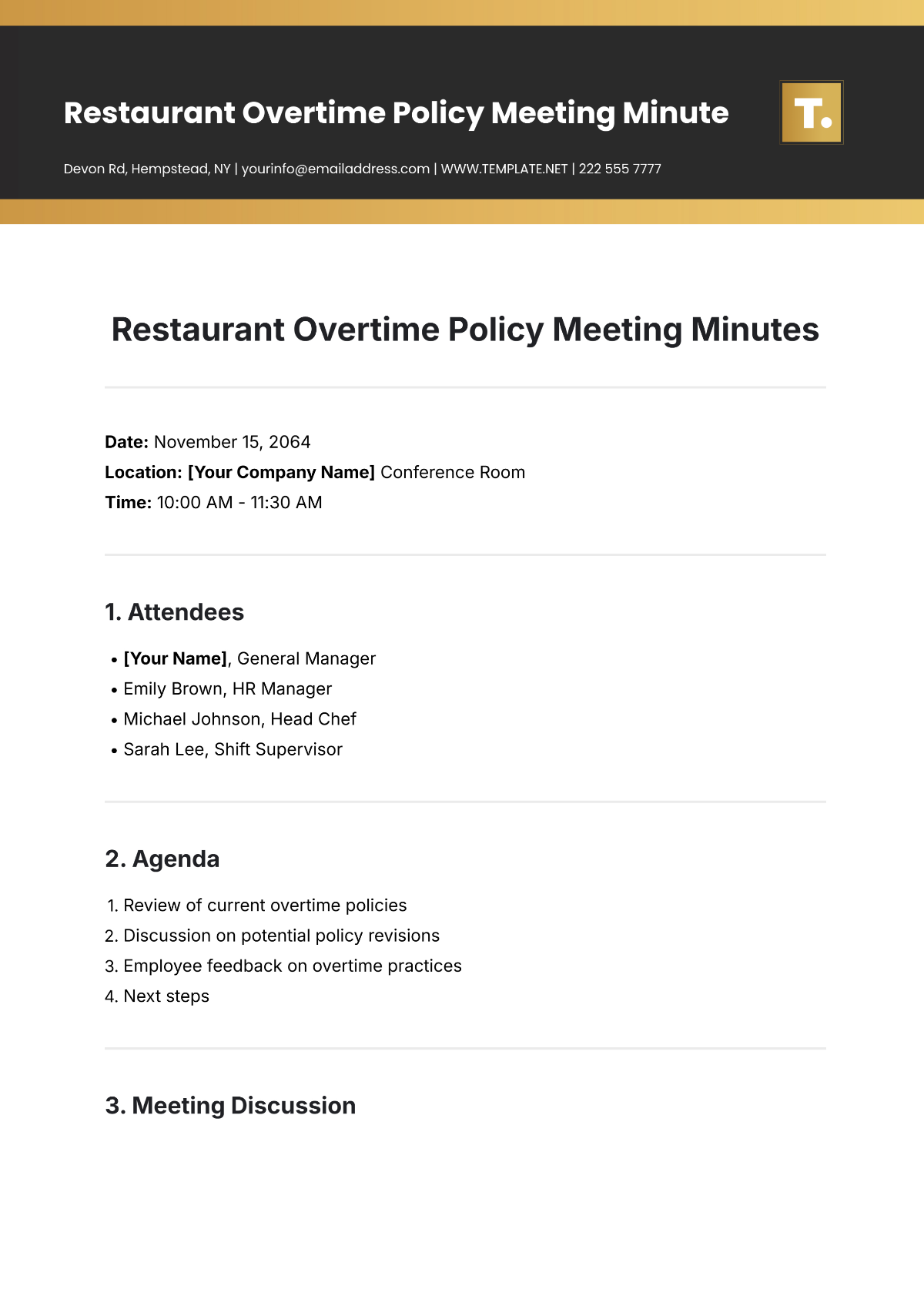 Free Restaurant Overtime Policy Meeting Minute Template