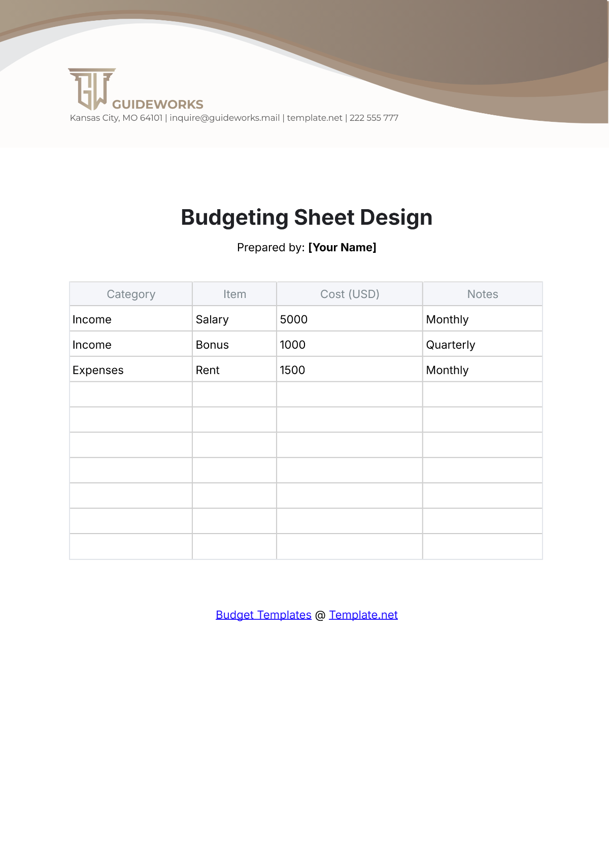 Free Budgeting Sheet Design Template