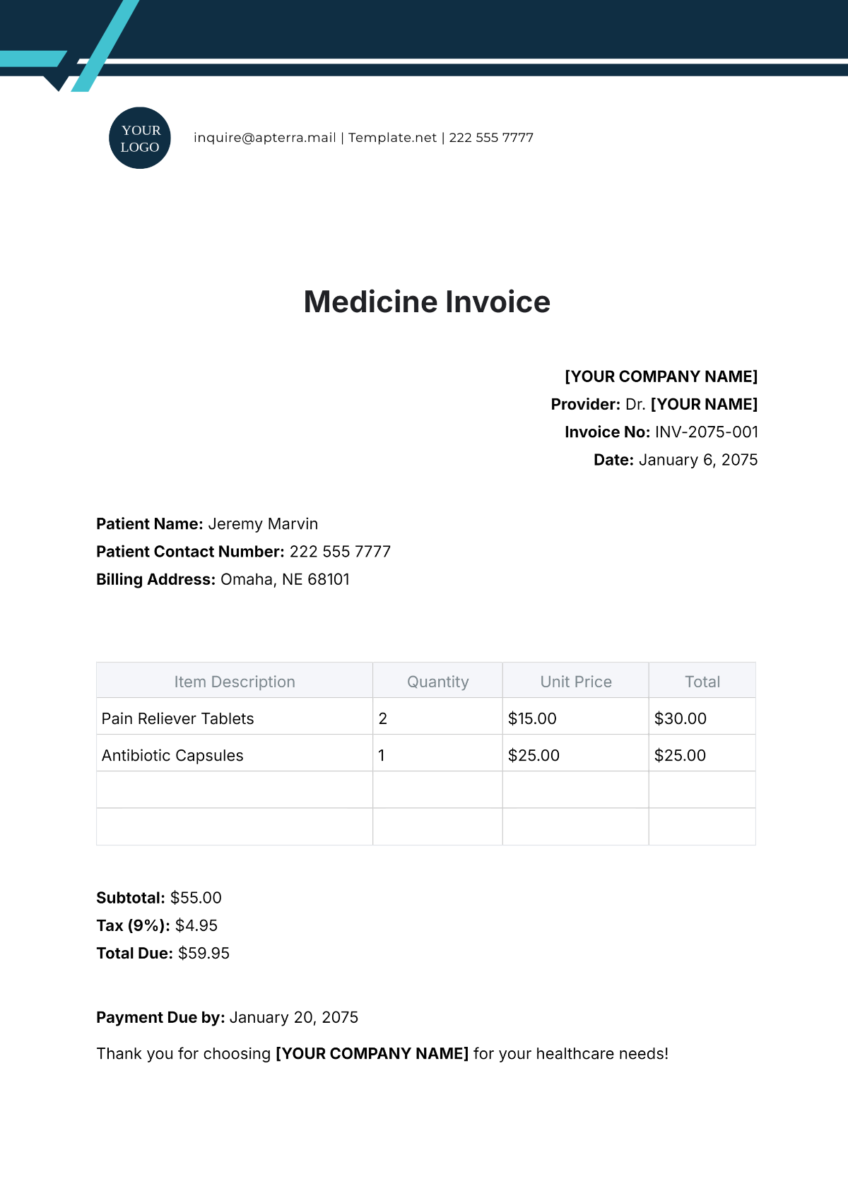 Free Medicine Invoice Template