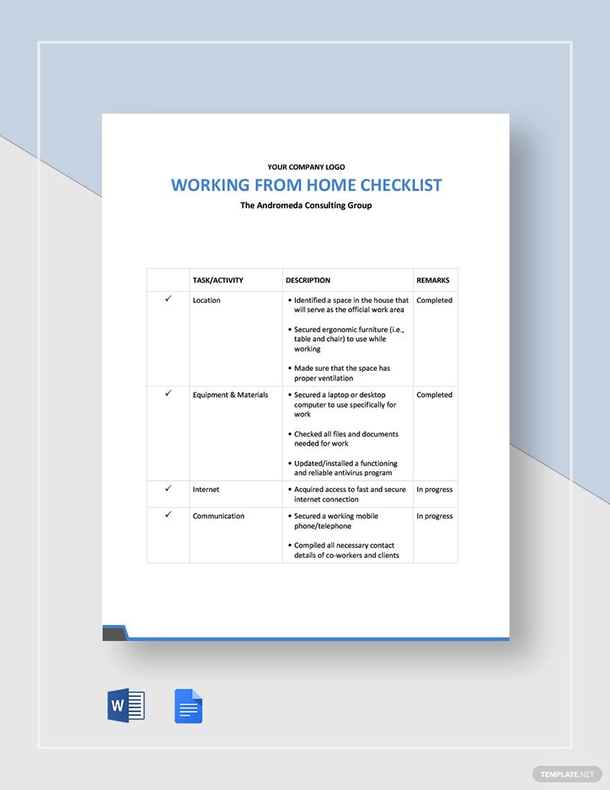 Working From Home Checklist Template in Google Docs, Word - Download | Template.net