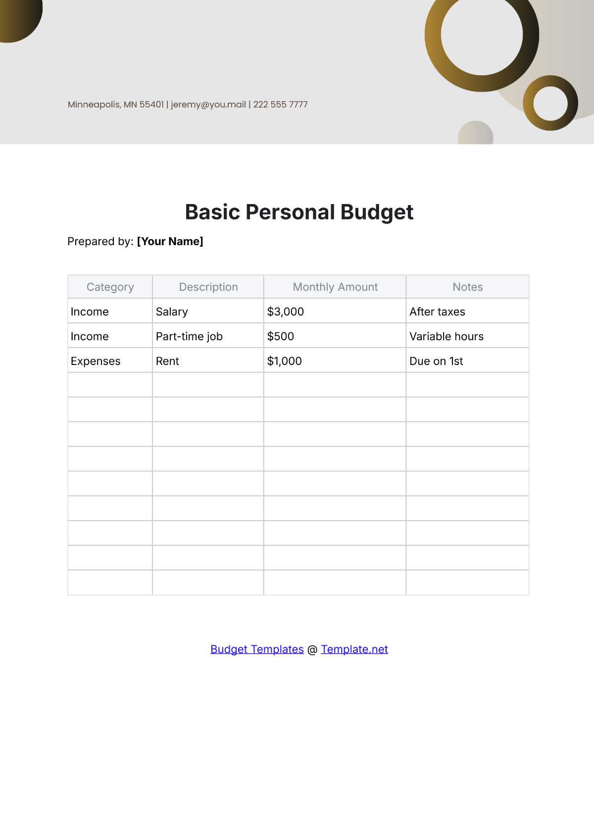 Free Basic Personal Budget Template