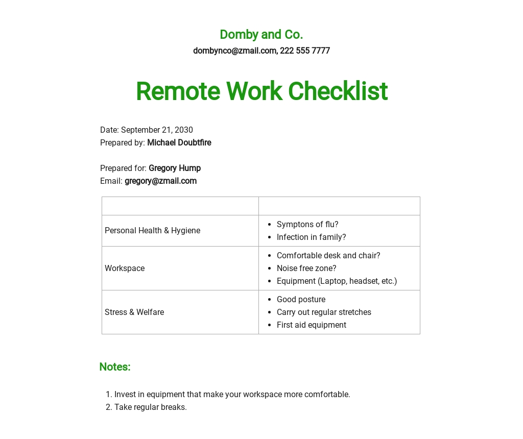 Remote Work Checklist Template Google Docs, Word