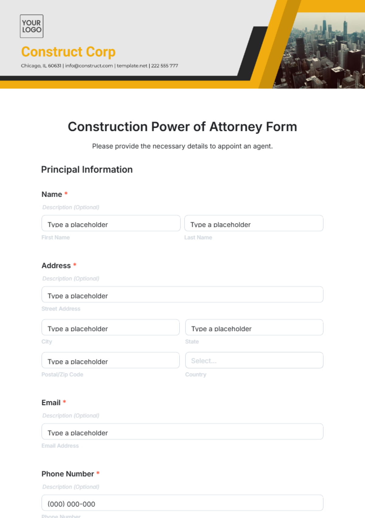 Free Construction Power of Attorney Form Template