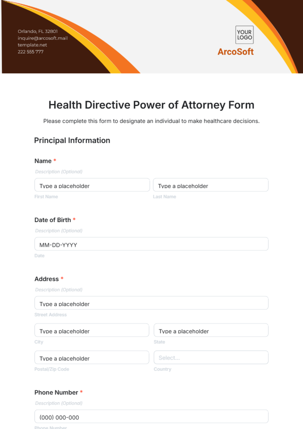 Free Health Directive Power of Attorney Form Template