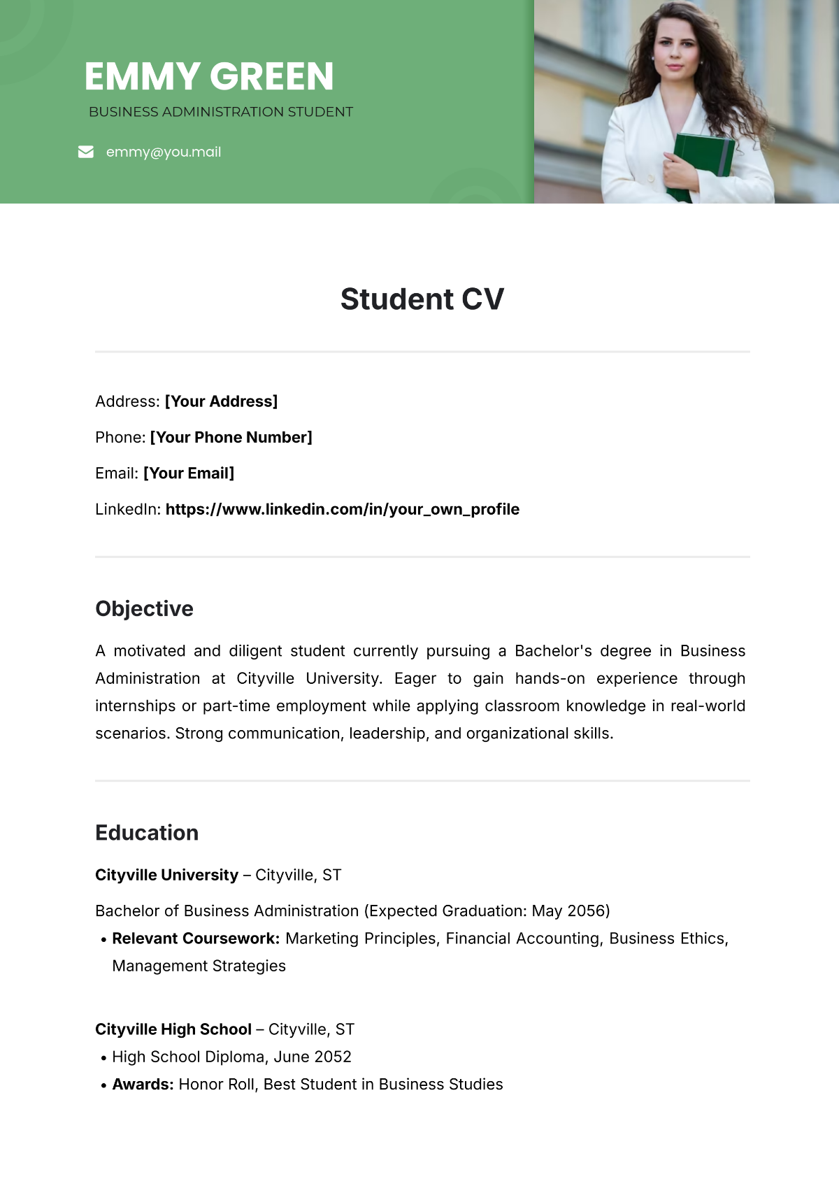 Free School Grade 12 Student CV Template to Edit Online