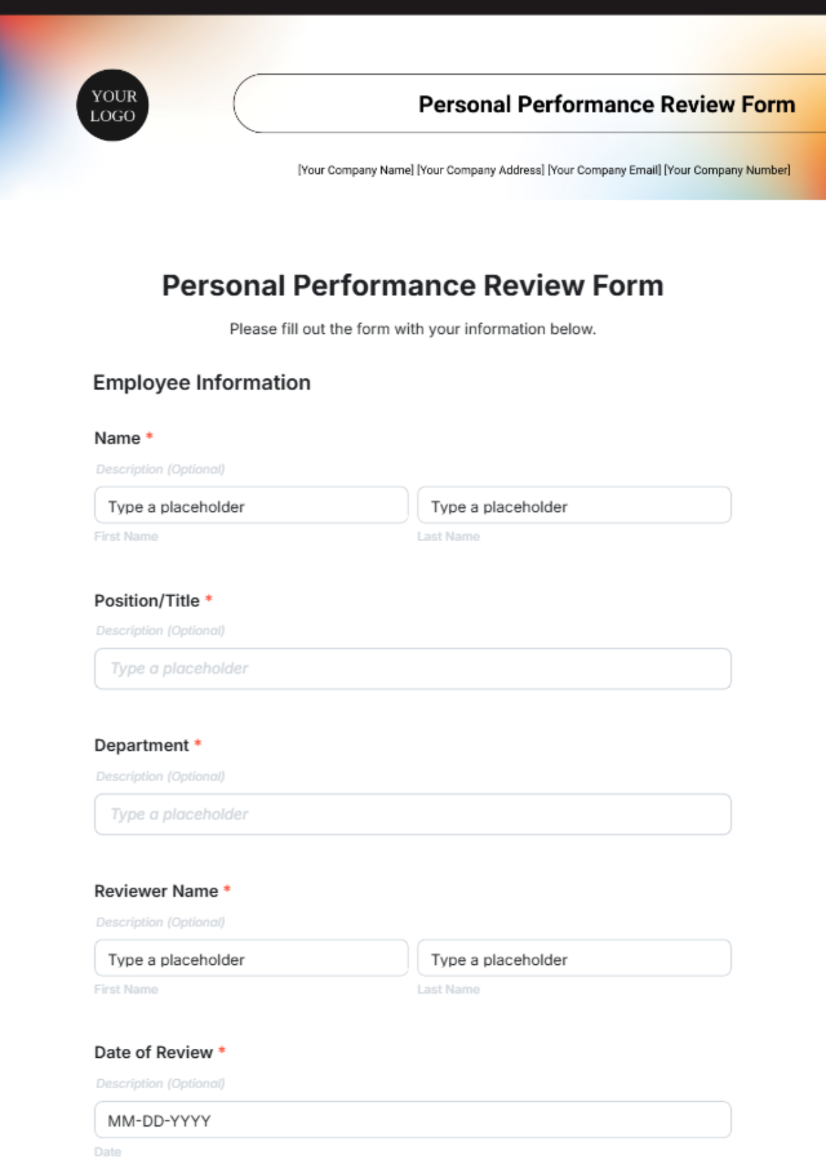 Free Personal Performance Review Form Template