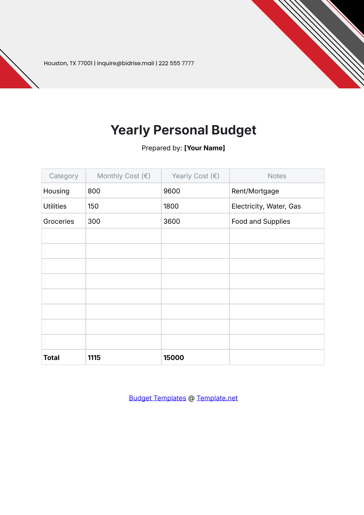 Free Yearly Personal Budget Template