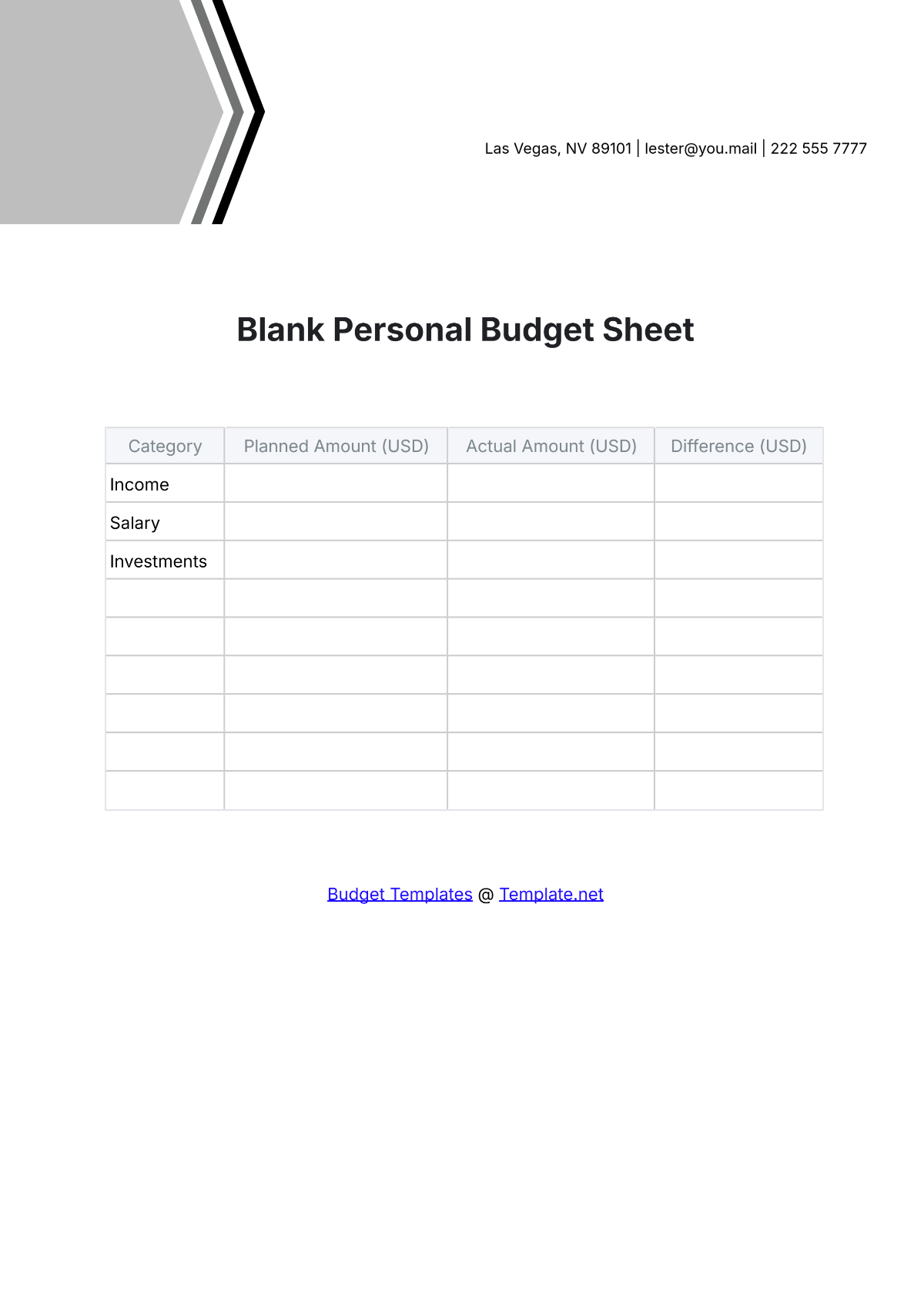 Free Blank Personal Budget Sheet Template