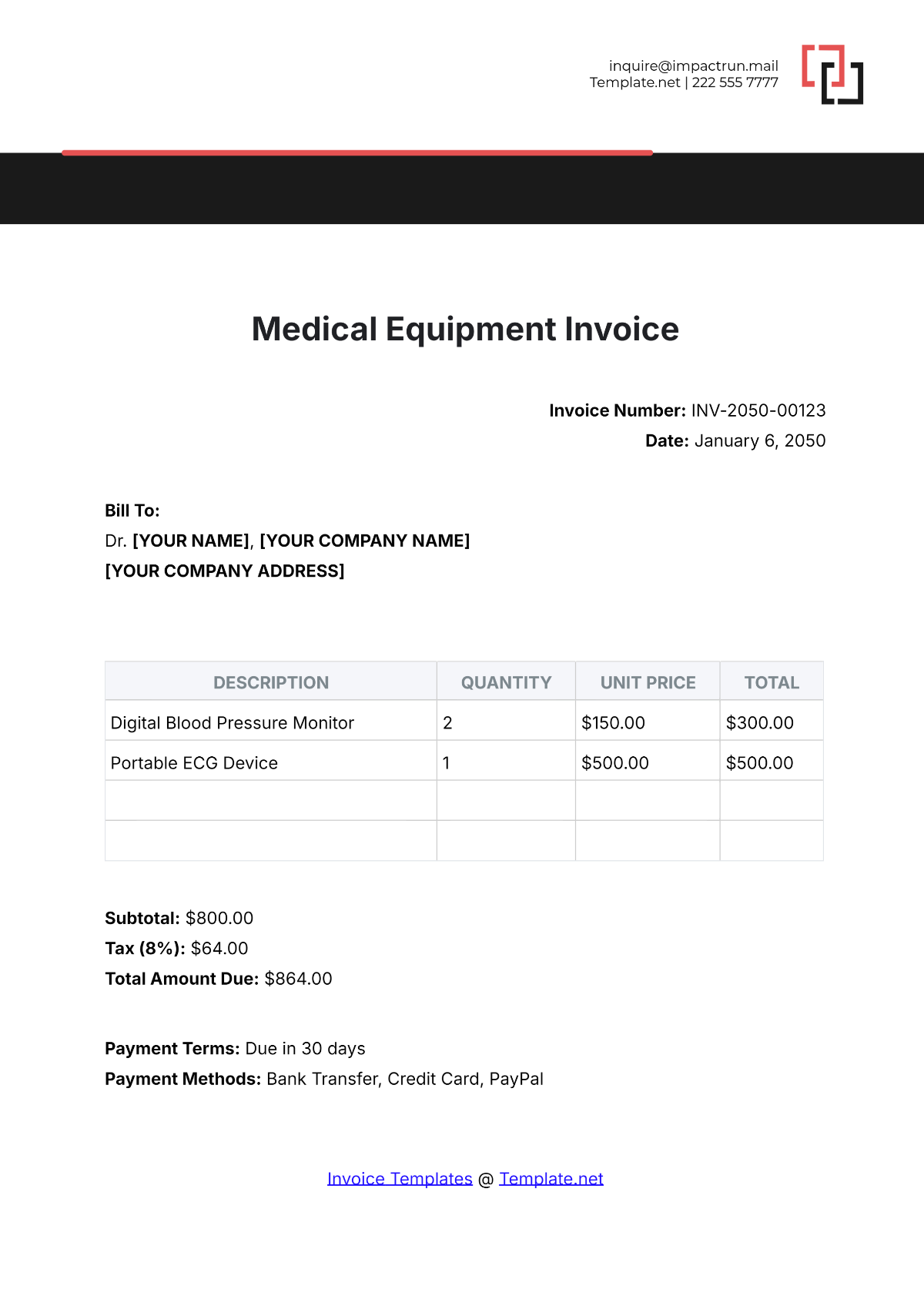 Free Medical Equipment Invoice Template