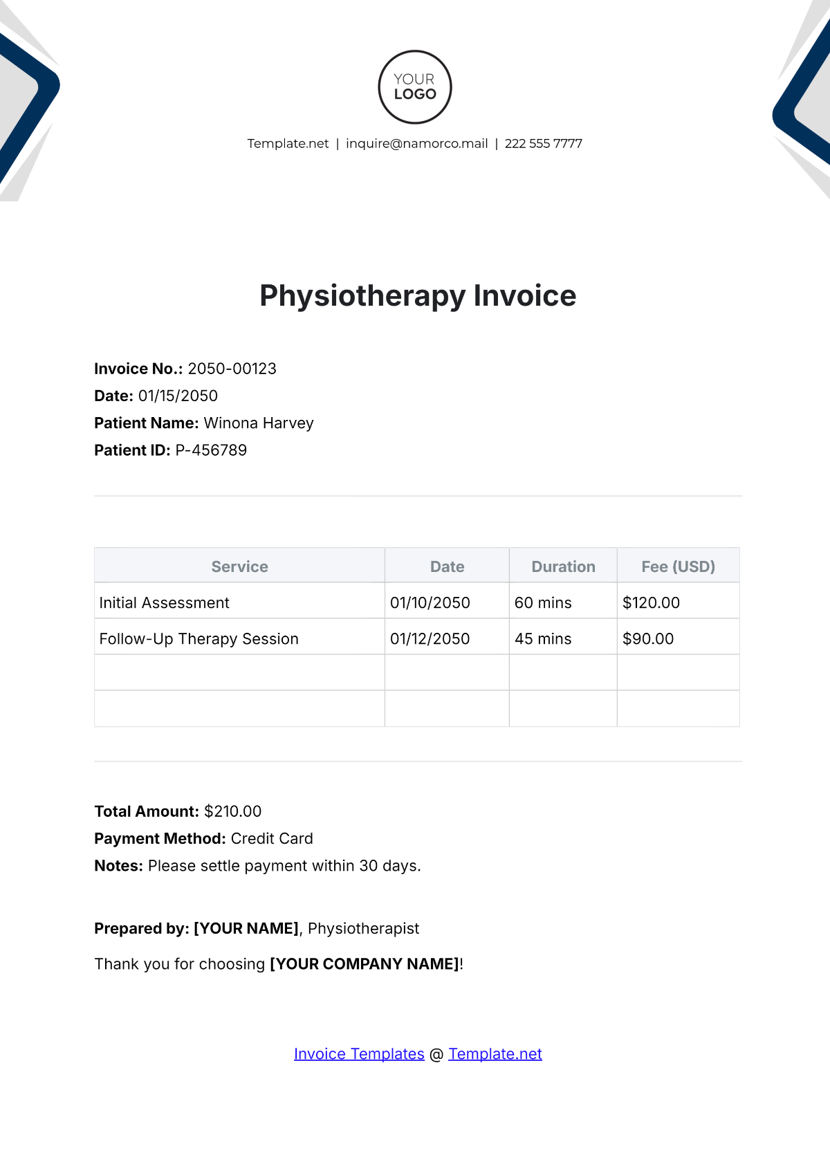 Free Physiotherapy Invoice Template