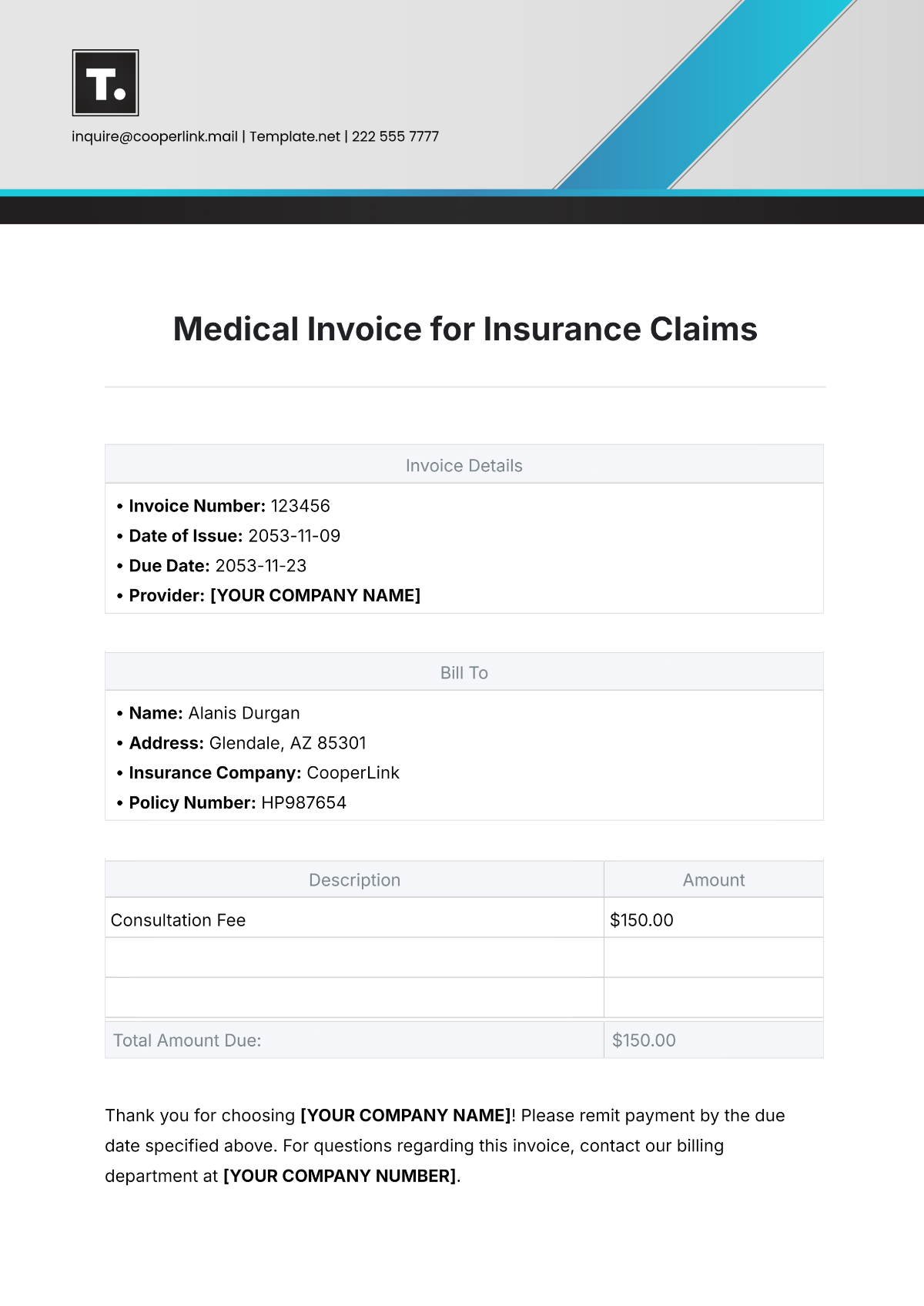 Free Medical Invoice for Insurance Claims Template