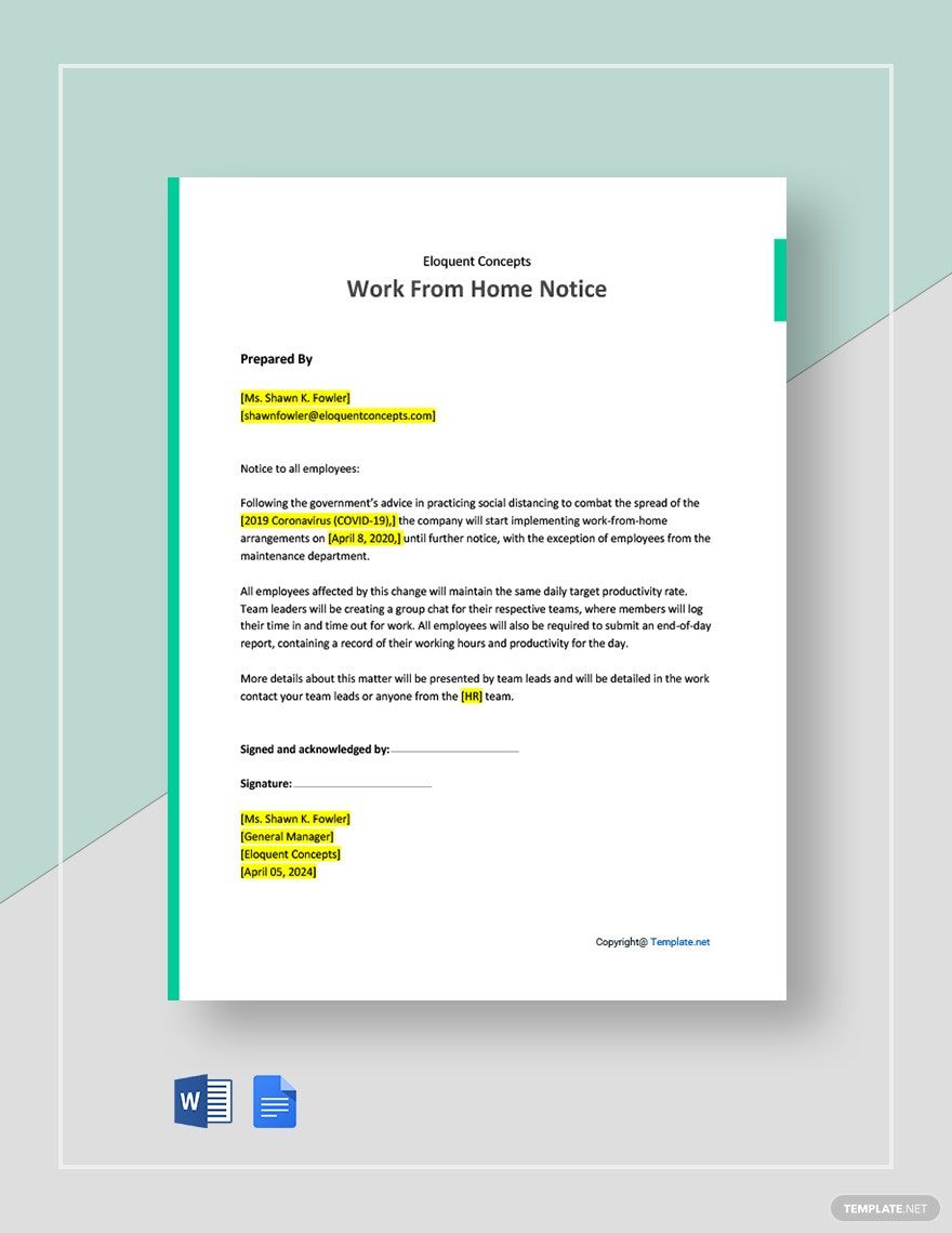 One Page Work From Home Notice Template